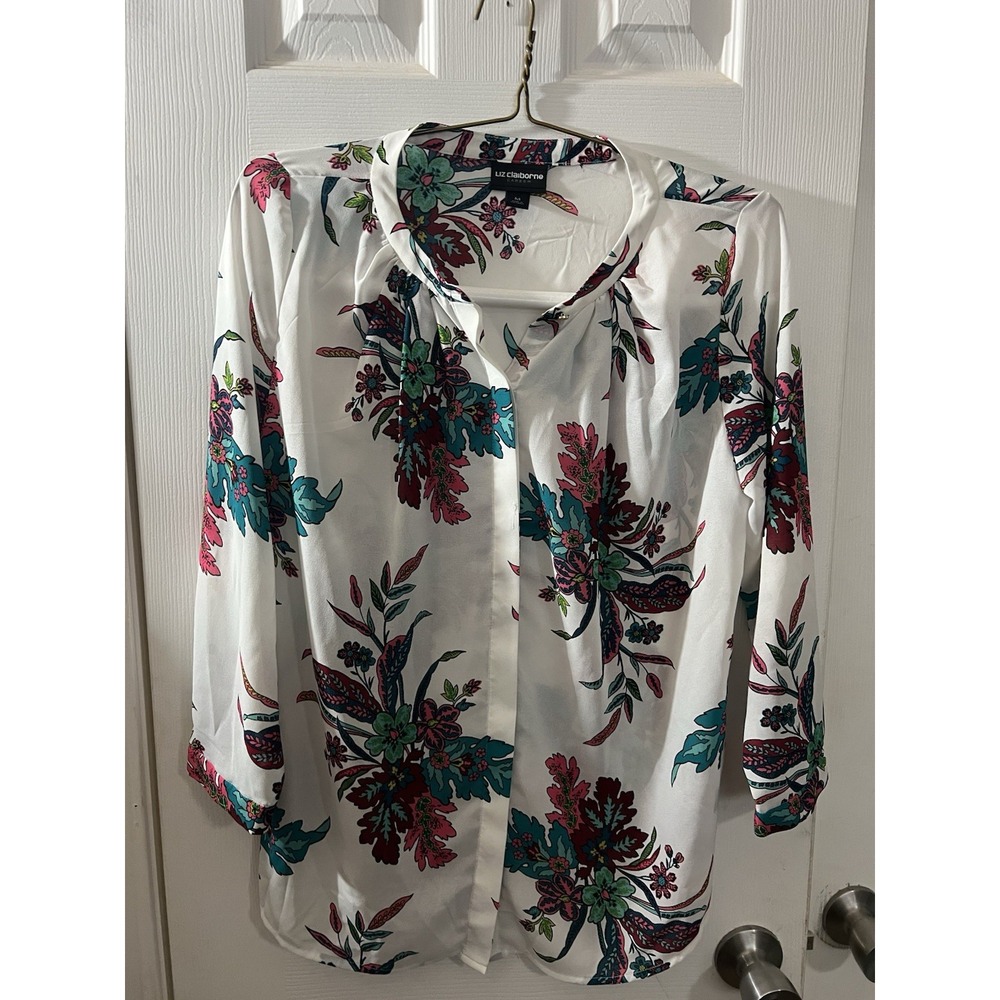 Liz Claiborne Career Long Sleeve Floral Print Sheer Button Front Top Blouse M